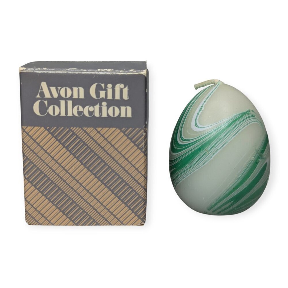 Vintage Avon Gift Collection Green & White Egg Shaped Swirl Candle Unused w/Box